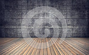 Empty room with wooden floor and concrete tiles wall