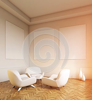Empty room, wooden floor, sofas and white walls