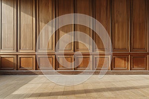 Empty room with wooden paneling and parquet flooring photo