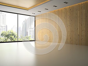 Empty room with wooden wall 3D rendering