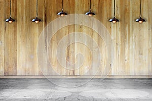 Empty room - wooden wall with lamp and laminate flooring. User for background