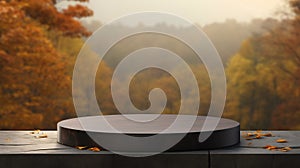 Empty round black stone podium for product display with blurred autumn forest background