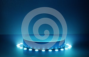 Empty round blue podium with glowing lights in circle around. 3d computer graphic template of displaying place for your products