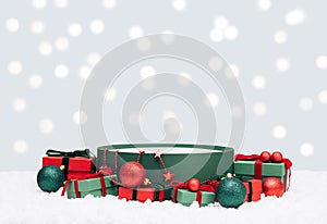 Empty round gift box on a blue background with bokeh. Christmas background for design. Image for montage or display your products
