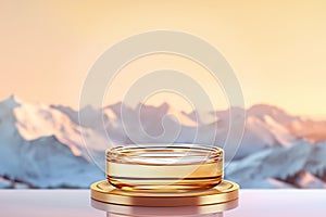 Empty round glass podium on beautiful sunset snowy mountain landscape background