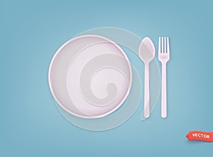 Empty Round Plate with Fork and Knife. Design template. 3D Web Vector Illustrations