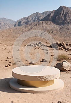 Empty round stone podium and pedestal stand platform for display product in desert with rock mountain - Product showing