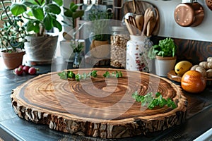 Empty round wood cutting board on cozy kitchen background for food preparation and cooking