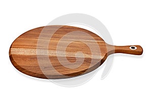 Empty round wooden board, Wooden serving tray with handle, isolated on white background with clipping path