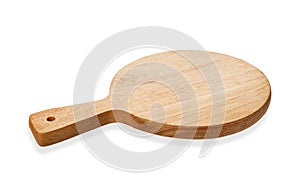 Empty round wooden board, Wooden serving tray with handle, isolated on white background with clipping path