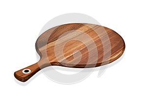 Empty round wooden board, Wooden serving tray with handle, isolated on white background with clipping path