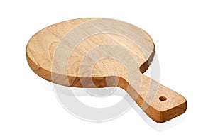 Empty round wooden board, Wooden serving tray with handle, isolated on white background with clipping path