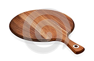 Empty round wooden board, Wooden serving tray with handle, isolated on white background with clipping path