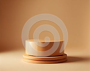 Empty round wooden podium for products. Pedestal or stage for presentation on beige background