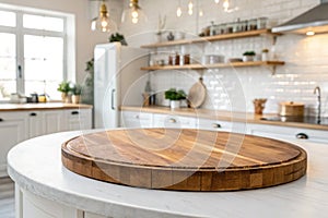 Empty round wooden table in kitchen