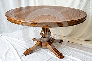 Empty round wooden table on white background photo