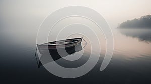 Empty rowboat on misty morning on lake. Generative AI