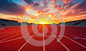 Empty Running Track in Stadium with Vibrant Sunset Sky Inviting Atmosphere for Sports and Athletics