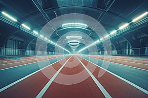 Empty running tracks in a large sports stadium illuminated by floodlights. Generated by artificial intelligence