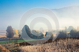 empty rural fields in morning mist
