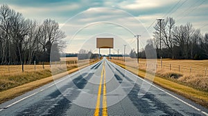 Empty Rural Road Leading To A Blank Billboard Under A Cloudy Sky With Barren Trees And Dry Fields