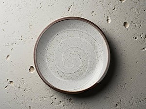 Empty rustic speckled ceramic plate on textured grey concrete