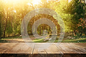 Empty rustic table in front of countryside background. product display and picnic concept