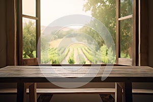 Empty rustic wood table in front of an open window with blurred background, ai generative illustration