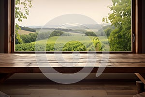 Empty rustic wood table in front of an open window with blurred vineyard, ai generative illustration