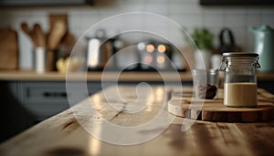 Empty rustic wood table in a kitchen with blurred background, ai generative illustration