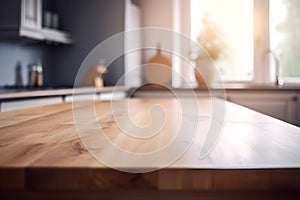 Empty rustic wood table in a kitchen,sunlight, with blurred background, ai generative illustration