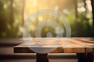 Empty rustic wood table in the nature, blurred background, ai generative illustration