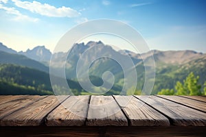 Empty rustic wood table in the nature with blurred mountain on background, ai generative illustration