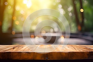 Empty rustic wood table in an outdoor spa, blurred background, ai generative illustration