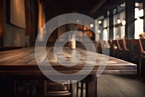 Empty rustic wood table in a pub with blurred background, ai generative illustration