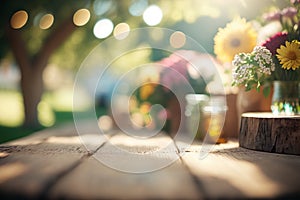 Empty rustic wood table in a sunny garden with blurred background, ai generative illustration