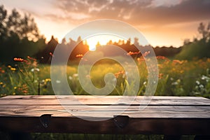 Empty rustic wood table in a sunset garden with blurred flowers, ai generative illustration