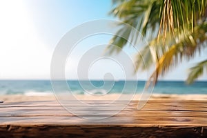 Empty rustic wood table in a tropical beauty island with palms and blurred background, ai generative illustration