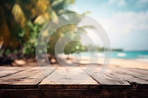 Empty rustic wood table in a tropical sunny beach with blurred background, ai generative illustration