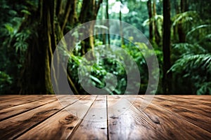 Empty rustic wood texture of old wooden tabletop, blur on green forest background Displaying layout, mounting your product,