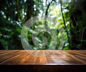 Empty rustic wood texture of old wooden tabletop, blur on green forest background Displaying layout, mounting your product,