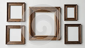 Empty Rustic Wooden Picture Frames on White Wall