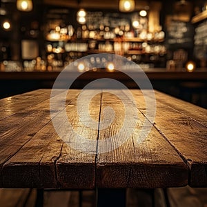 Empty rustic wooden table with blurred bar background.