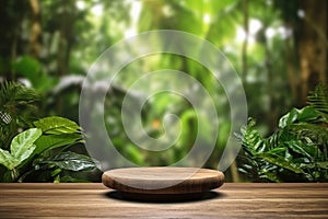 The empty rustic wooden table for product display with blur background of tropical jungle. Generative AI AIG30.