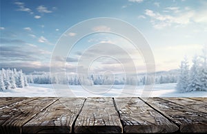 Empty rustic woooden table with Natural Winter background for display of advertise seasonal products