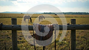Empty Saddle On Rustic Fence Facing Open Pasture And Distant Horses