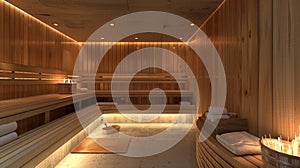 An empty sauna with a list of added amenities included in the deluxe membership package such as complimentary robes and