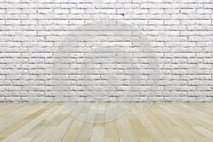 Empty sceen with brick texture and wooden floor. 3D rendering