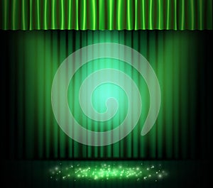 Empty scene with green curtain. Design for presentation, concert, show