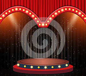 Empty scene with stage podium and red curtain. Design for presentation, concert, show